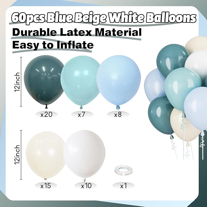 Blue White Balloons Dusty Blue White Beige Balloons 60PCS 12INCH