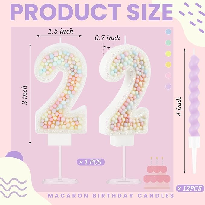 MTLEE Number 2 Birthday Candle with 12 Pcs Spiral Candles for Girls