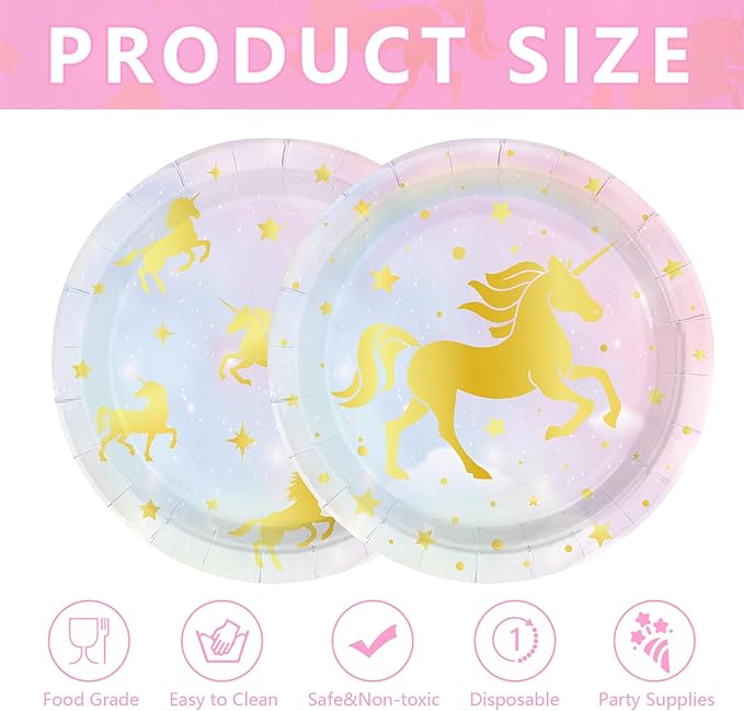 50Pcs Magical Pastel Unicorn Paper Plates 9 Pastel Rainbow Gold