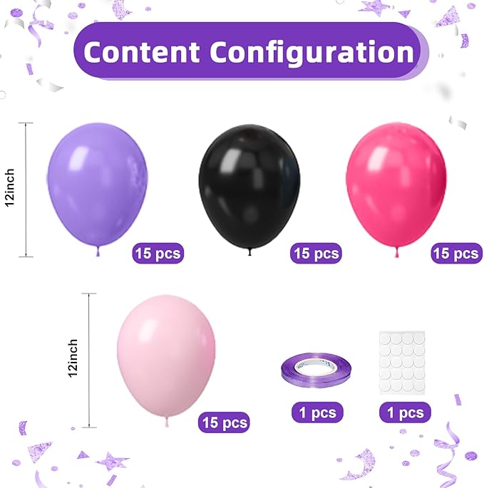 Black and Pink Purple Balloons, 60pcs 12Inch Black and Hot Pink