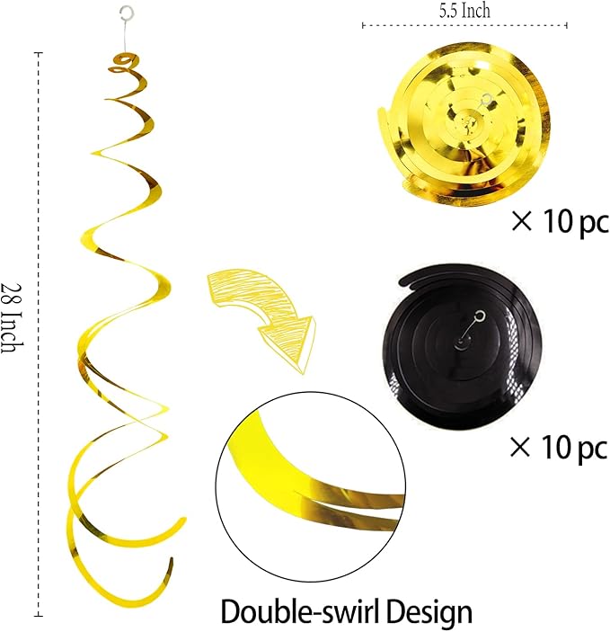 30Pc Gold and Black Party Party Swirl Decorations Foil Swirl Hanging
