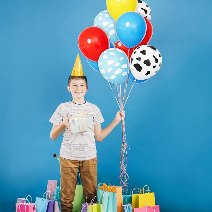 68Pcs Red Yellow Blue Toy Balloons 12 Inch Light Blue Cloud Cow Print