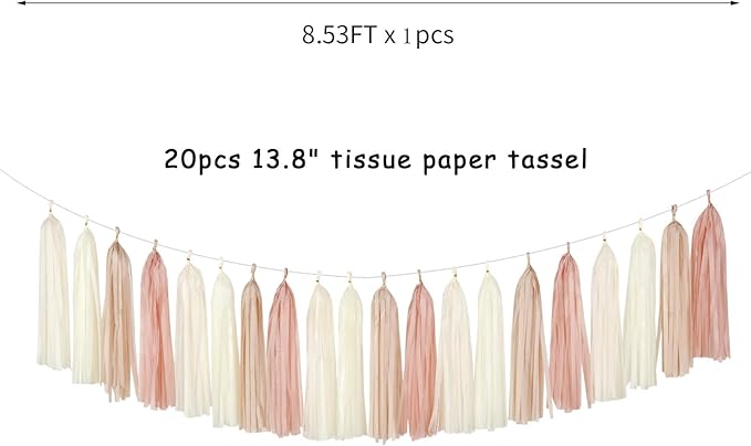 Champagne-Gold Beige Boho Party-Decorations Tassel-Garland - 20pc