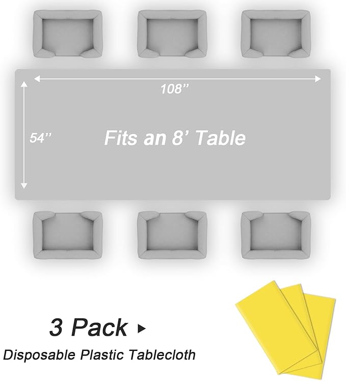 QIKSION Yellow Plastic Table Cloth Disposable 3 Pack, 54 x 108 Inch