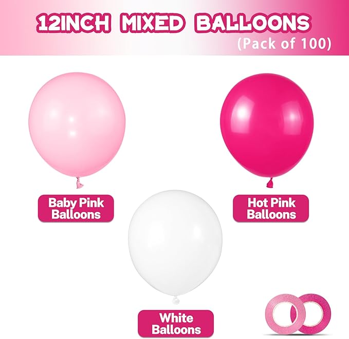 Pink White Balloons 100pcs 12 inch Hot Pink Pastel Pink White