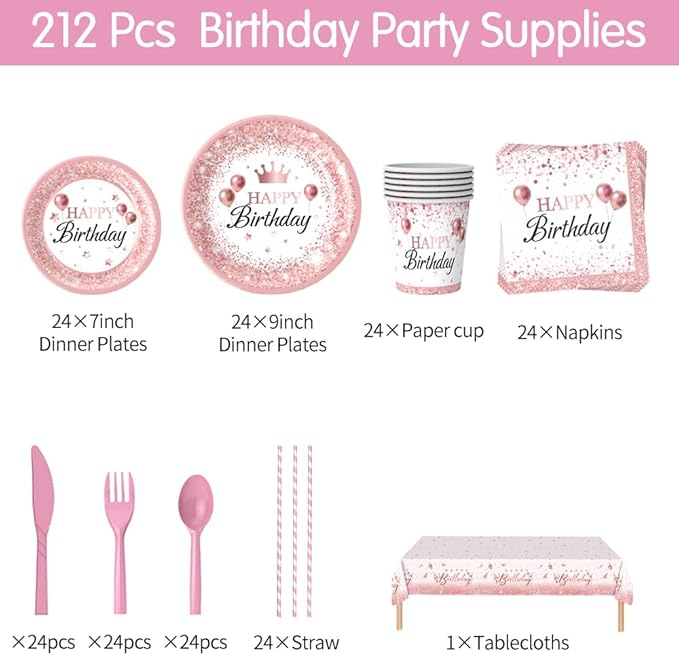 Rose Gold Birthday Party Supplies 212Pcs Disposable Party