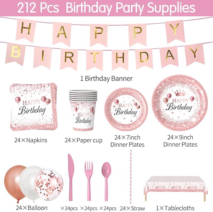 Rose Gold Birthday Party Supplies 212Pcs Disposable Party