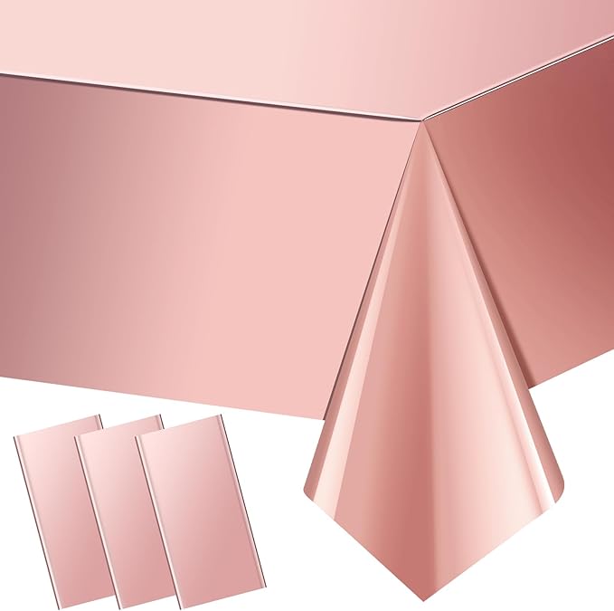 3 Pack Rose Gold Plastic Tablecloth, Dusty Pink Disposable Rectangle