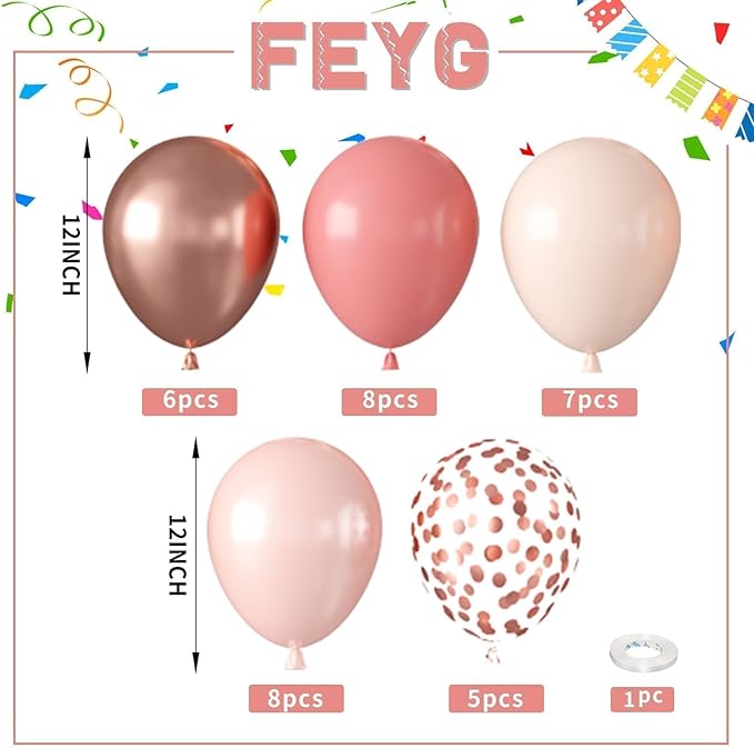 Dusty Blush Pink Balloons, 12 Inch Retro Pink Metallic and Rose Gold