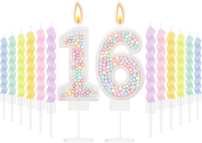 MTLEE Number 16 Birthday Candle with 12 Pcs Spiral Candles for Girls