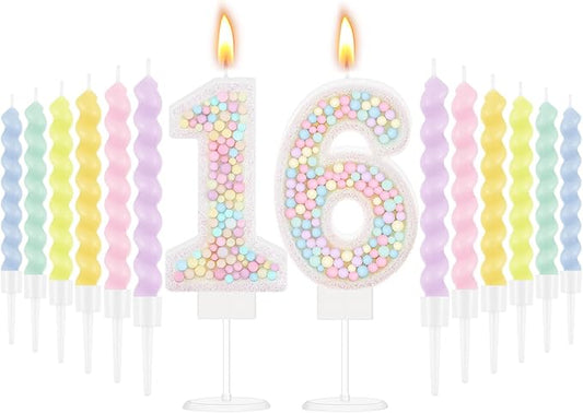 MTLEE Number 16 Birthday Candle with 12 Pcs Spiral Candles for Girls