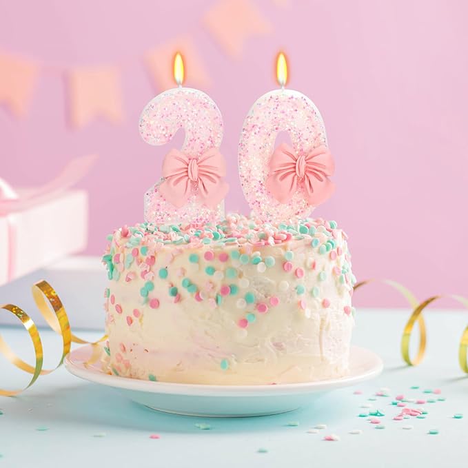 20th Birthday Candles for Cake, Pink Bow Number Cake Candles, 2.76