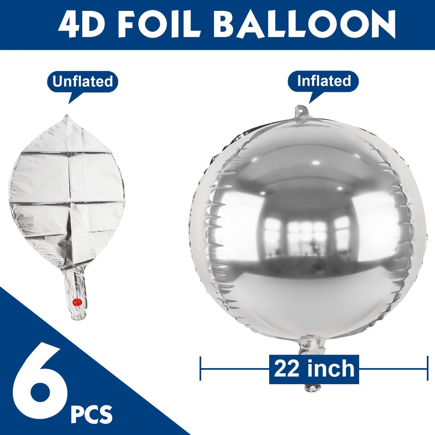 Metallic Silver Round Foil Balloons, 22" Large 4D Sphere Mylar