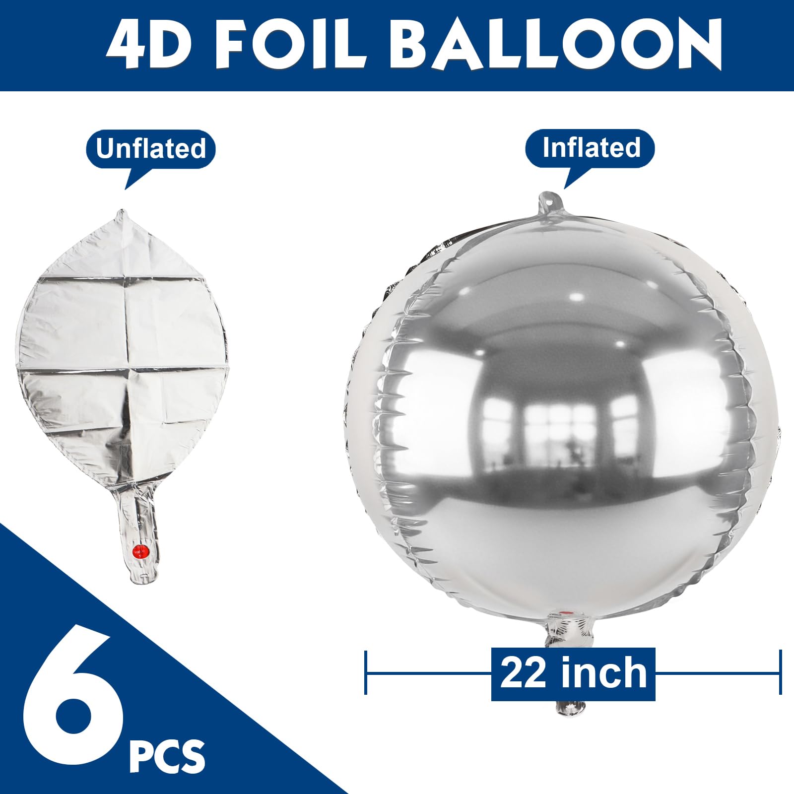 Metallic Silver Round Foil Balloons, 22" Large 4D Sphere Mylar