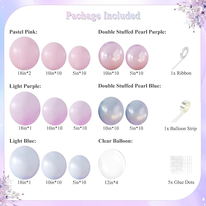 Pink Purple Blue Balloon Arch Kit 108Pcs Double Stuffed Pearl Blue