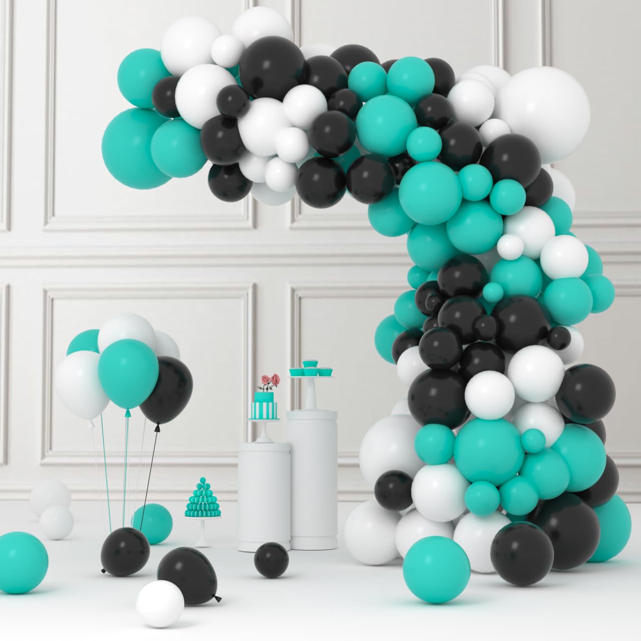Teal Blue Black White Balloon Garland Arch Kit, 122PCS Teal Blue White