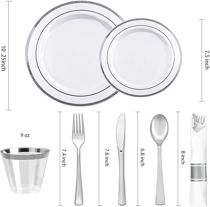 BESTVIP 700PCS Silver Plastic Dinnerware Set for 100 Guests,