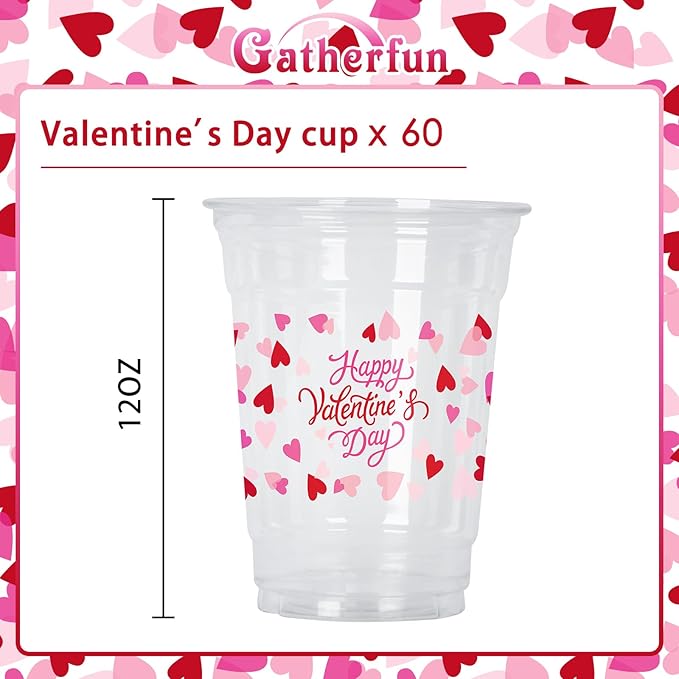 Valentine's Party Supplies Romantic 60 Pcs 12oz Love Themed Plastic