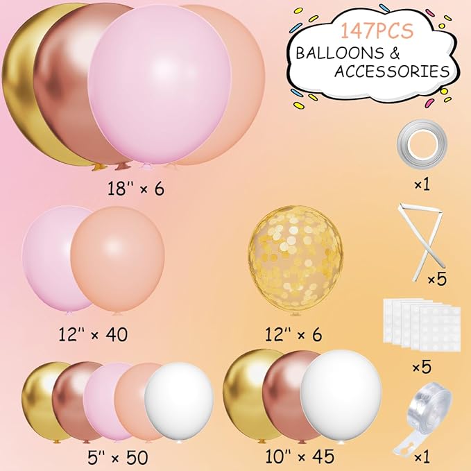 Rose Gold Balloon Arch Kit 147Pcs Metallic Gold White Pastel Nude