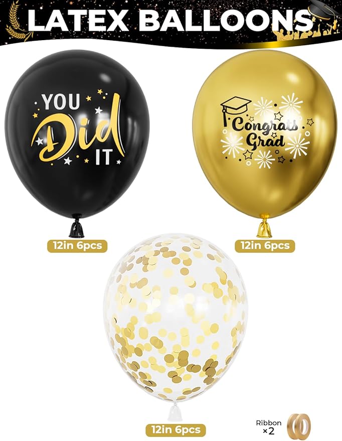 Graduation Balloons, Congrats Grad Balloons 12 Inch Black and Gold