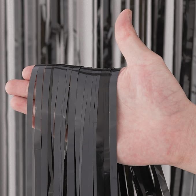 Voircoloria 3 Pack 3.3x8.2 Feet Black Foil Fringe Backdrop Curtains,