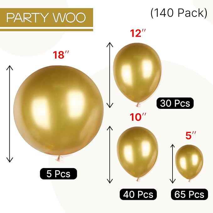 PartyWoo Gold Balloons 140pcs Different Sizes of 18 12 10 5 Inch Gold