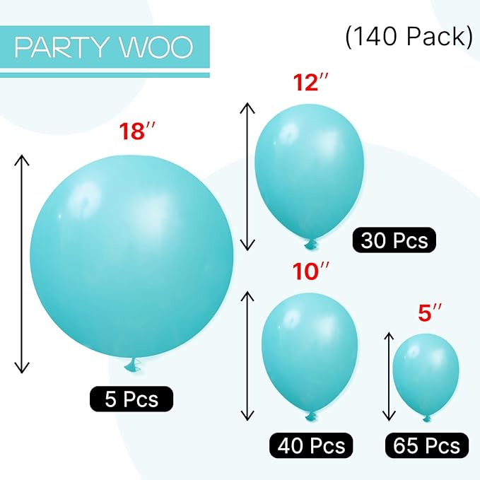 PartyWoo Teal Balloons 140pcs Different Sizes Pack of 18 12 10 5 Inch