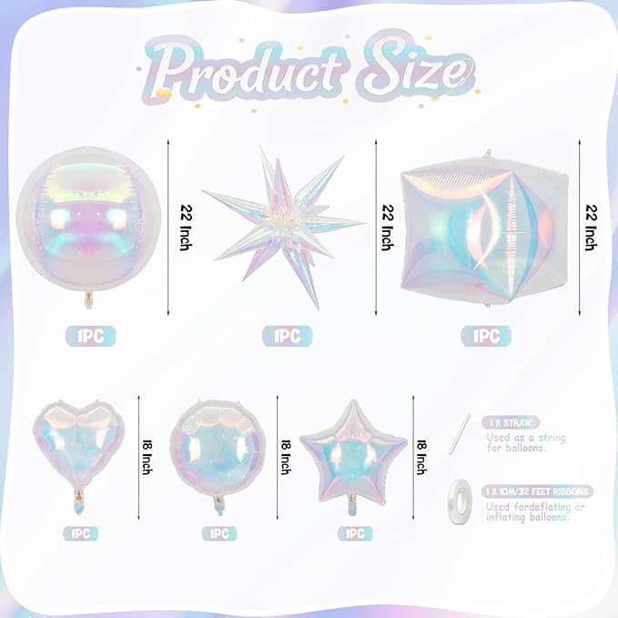 Biapian Iridescent Balloons, 6 Pcs 22 Inch Iridescent Star Balloons