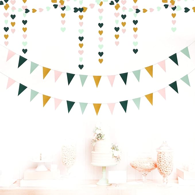 Sage-Green Mint Pink-Gold Love-Heart Garland - 52Ft Rustic Wedding