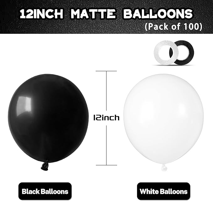 100pcs Black and White Balloons 12 Inch Thickened Latex Balloons for