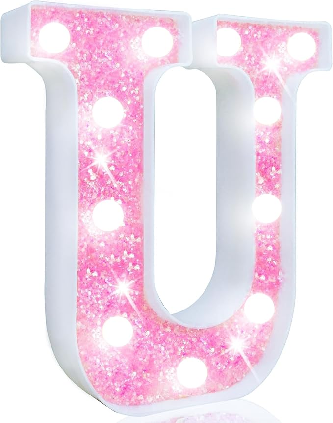 Pooqla LED Marquee Letter Lights, Light Up Pink Letters Glitter Letter