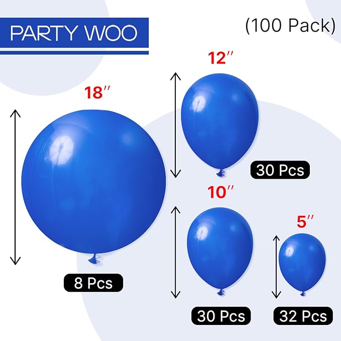 PartyWoo Royal Blue Balloons 100 pcs Different Sizes of 18 12 10 5