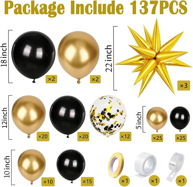 KARLURE Black and Gold Balloons Arch Kit with Black Gold Confetti