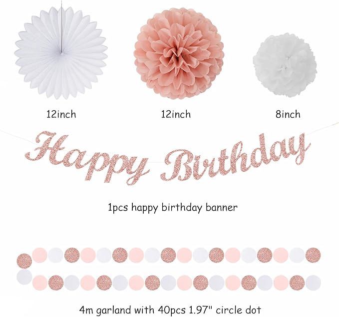 Light Pink Rose Gold Birthday Garland Party Decorations 14pcs Happy