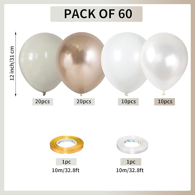 Champagne Gold and White Balloons, 60Pcs Beige White Sand Metallic