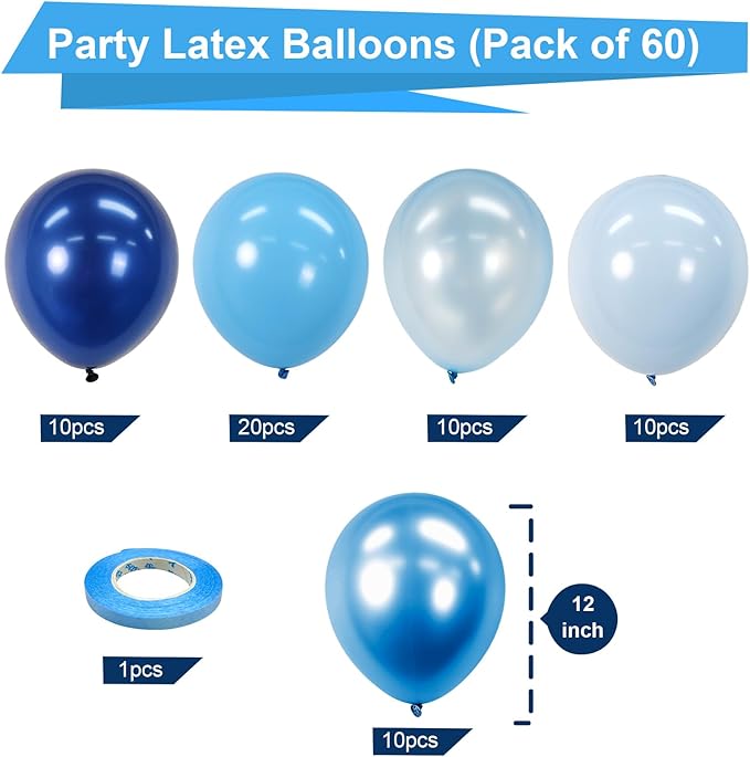 Bezente Blue Balloons Set,60pcs 12 inch Metallic Blue Pearl Blue Navy