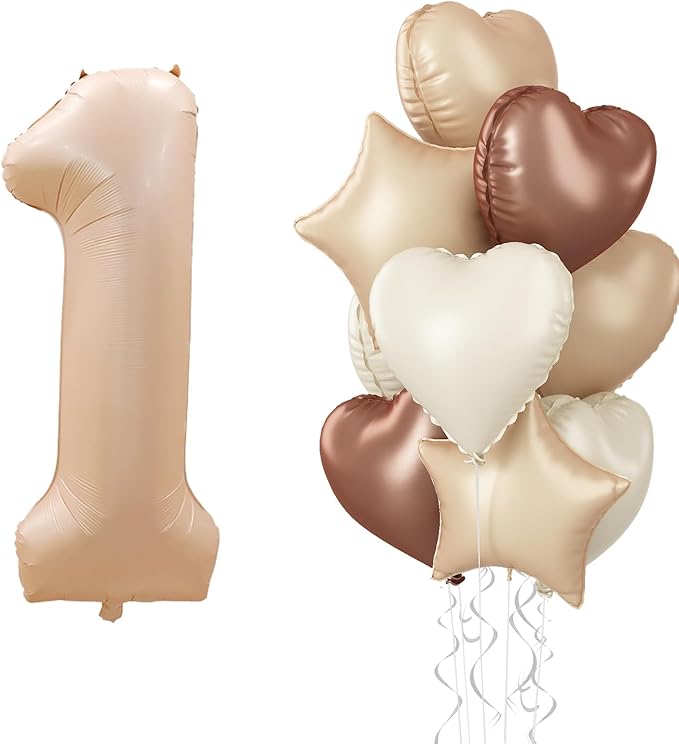 40 Inch Number 1 Balloon Decor, Cream Brown Foil Neutral Heart 1