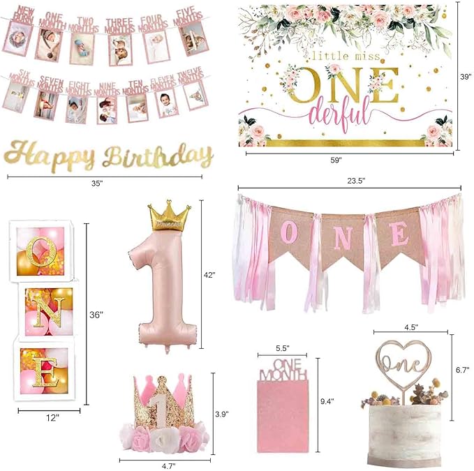 Baby Girl 1st Birthday Decorations Supplies Balloon Boxes Pink Gold