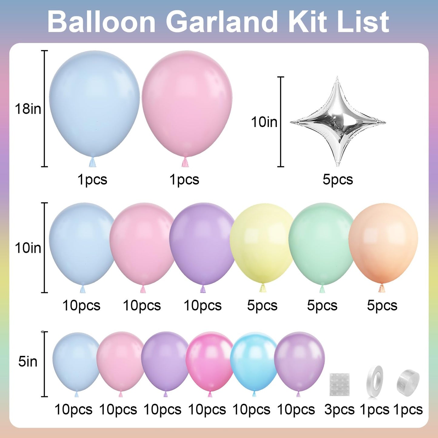 Pastel Balloons Arch Garland Kit, Pastel Pink Purple Blue Yellow Green