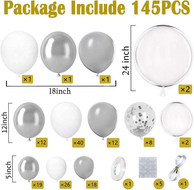 KARLURE White Silver Balloon Arch Kit Garland with Grey Clear