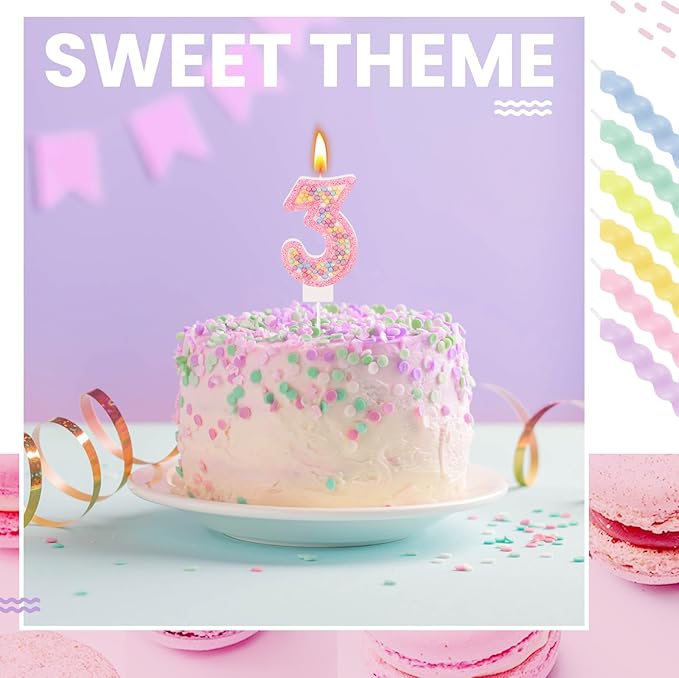 MTLEE Number 3 Birthday Candle with 12 Pcs Spiral Candles for Girls