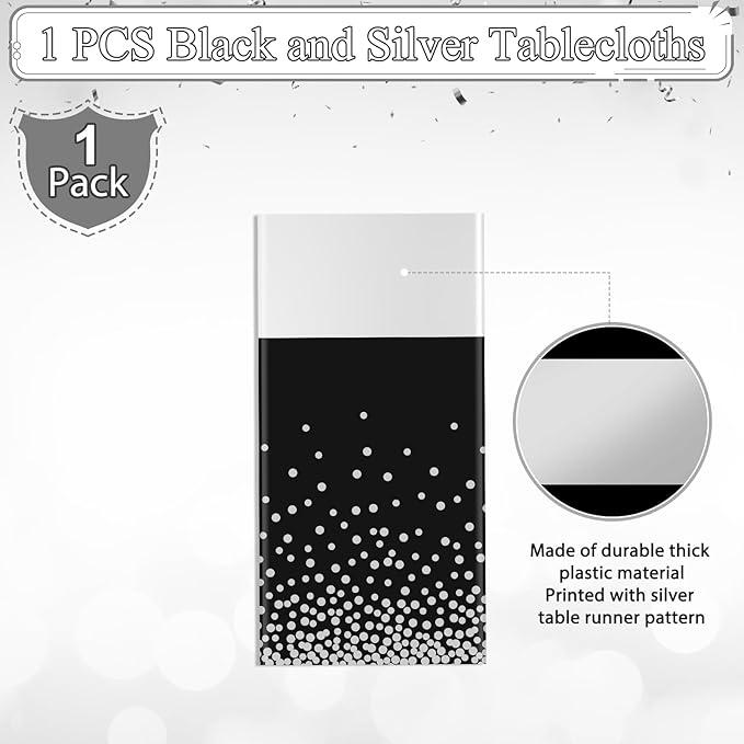 1Pcs Black Silver Tablecloth Party Decorations,Plastic Black Table