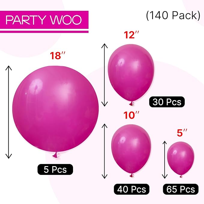 PartyWoo Hot Pink Balloons 140pcs Different Sizes of 18 12 10 5 Inch