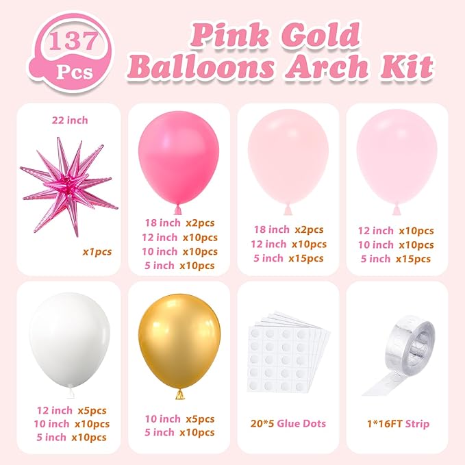 137Pcs Pink and Gold Balloons Garland Arch Kit with Stars - 5 10 12