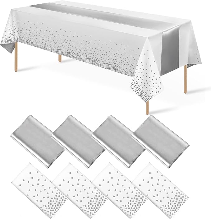 8Pack Disposable Plastic Tablecloths and Satin Table Runner Set White