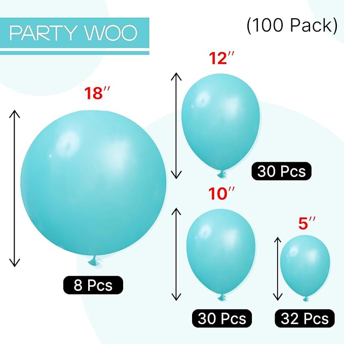 PartyWoo Teal Balloons 100pcs Different Sizes Pack of 18 12 10 5 Inch