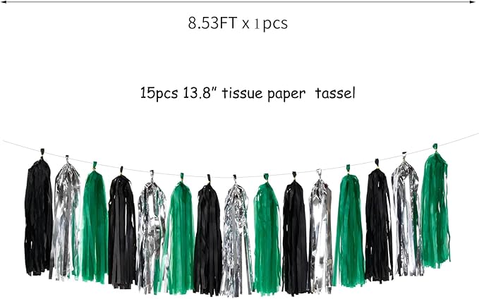 Black Green Silver Tassel Garland - 15pcs Soccer Party Supplies