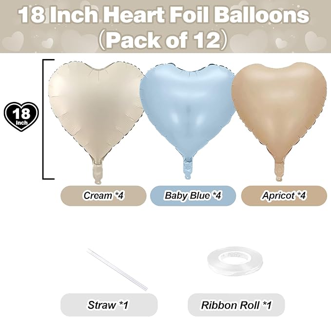 Blue Cream Heart Foil Balloons, 12Pcs Baby Blue Beige Nude Heart