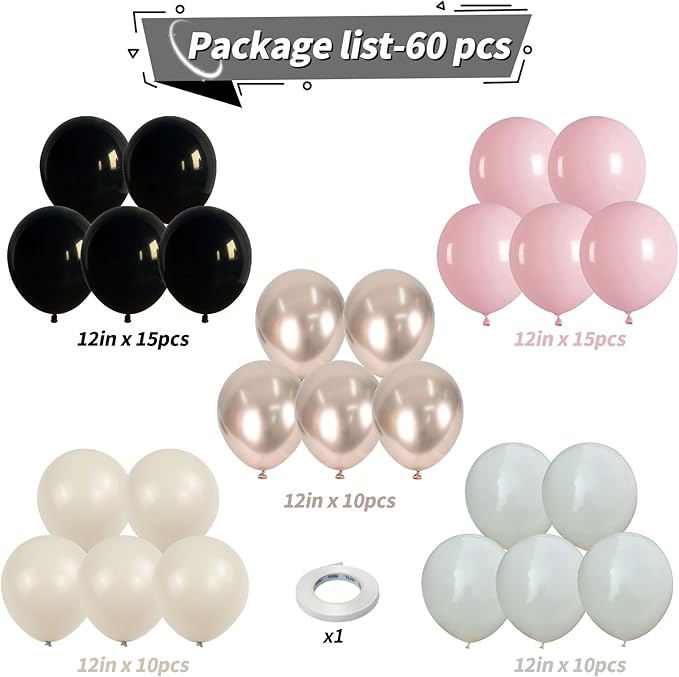 60 PCS Black and Pink Balloons, Retro Dusty Pink Ivory Sand White
