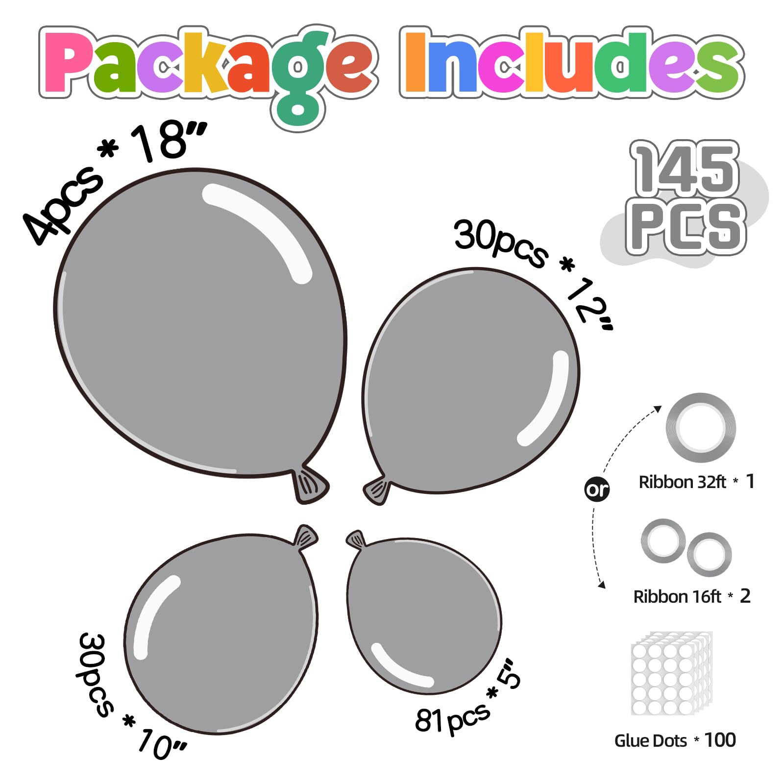 Yishebapa 145pcs Metallic Silver Balloons Different Sizes 18 12 10 5